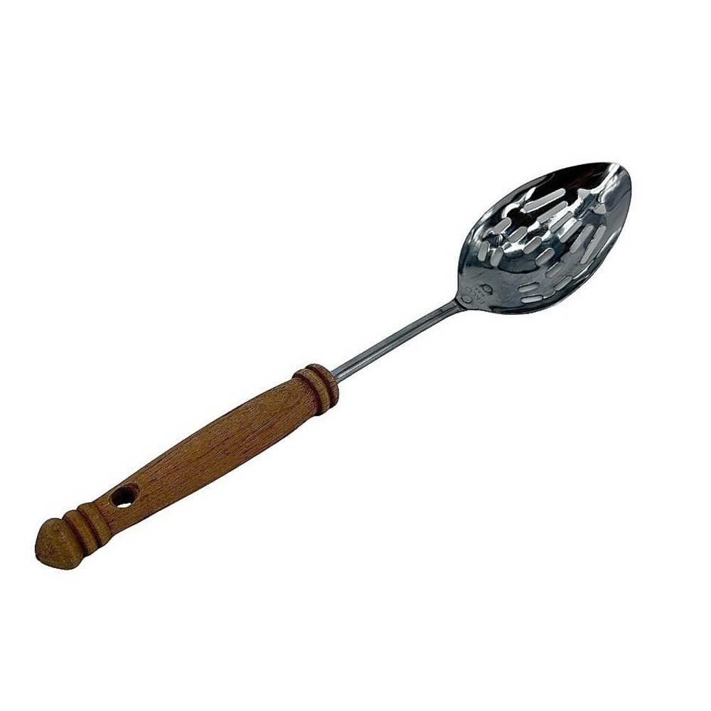 EKCO Slotted Spoon Stainless Steel Wood Handle Kitchen Tool Vintage 12.5"